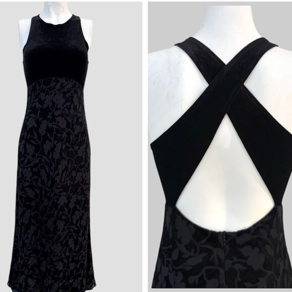 VTG Laundry Shelli Segal Black Velvet Burnout Maxi Dress Vamp Whimsigoth Sz 4P - Picture 1 of 10